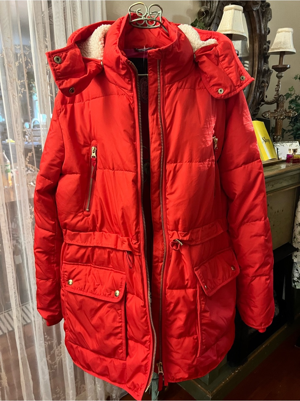 J. Crew Bright Red Quilted Puffer Jacket with Hood